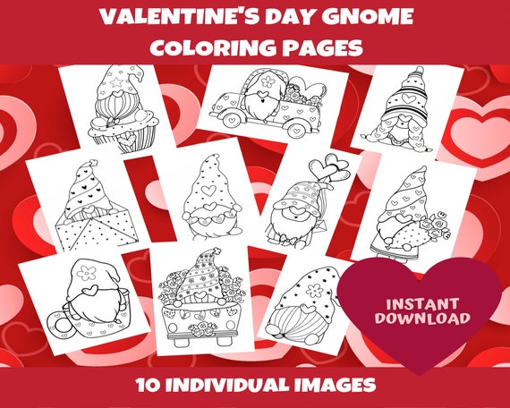 Valentine's Day Gnome Coloring Sheet Bundle  10 Sheets