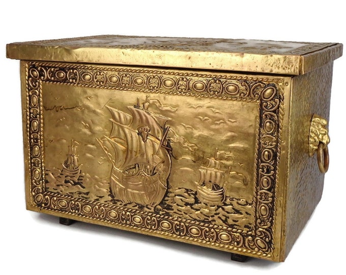 Antique Brass Firewood Storage Box, Vintage Fireplace Decor, Brass