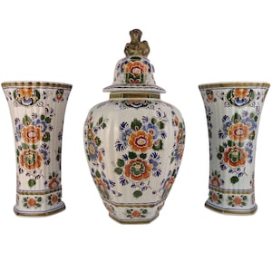 Large Delft Ceramic Urn With Vases Set, Antique Delft Ginger Jar Set, Delft Ceramic Cabinet Urn, Delft Polychrome Urn With Vases Set
