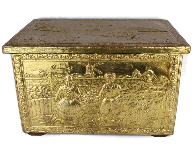 Large Brass Firewood Storage Box, Antique Fireplace Decor, Brass