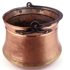 Antique Copper Cauldron, Handmade Copper Firewood Storage Pot With Iron Handle, 20th Century Copper Watering Pot