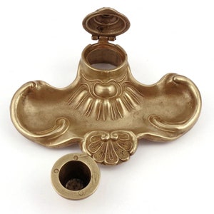 Antique Brass Inkwell, French Brass Inkwell, 20th Century Engraved Brass Inkwell,  Victorian Brass Inkwell