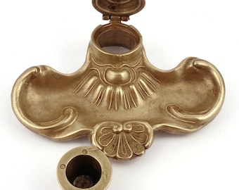 アンティーク真鍮インク壺、彫刻入り真鍮インク壺、フランス製真鍮