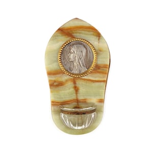 Antique Holy Water Font, Wall Holy Water Font, Virgin Mary Holy Water Font With Onyx Base