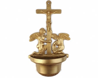 Antique Brass Holy Water Font, Wall Holy Water Font, Brass Holy Water Font With Angels and Jesus Cross Crucifix