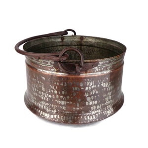 19th Century Copper Cauldron, Antique Fireplace Decor, 1800s Solid Copper Firewood Storage Pot, Hand hammered Copper Pot