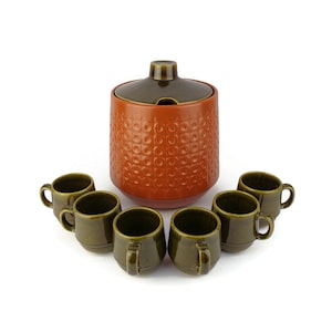 Ponchera de cerámica antigua y 6 tazas de Alemania Occidental, juego de ponchera de cerámica de Alemania Occidental con tazas