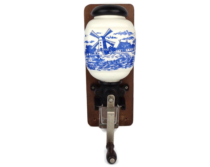 Vintage Dutch Coffee Mill With Blue Delft Ceramic Canister, Ceramic