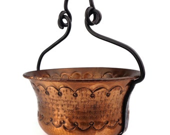 アンティーク銅プランター、鉄製ハンドル付き、吊り下げ式銅植木鉢