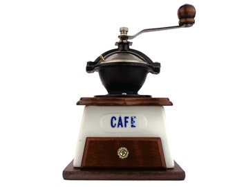 Vintage Kaffeemühle, Keramik Kaffeemühle, Holz Kaffeemühle