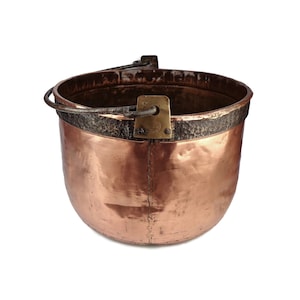 20th Century Copper Cauldron, Antique Fireplace Decor, French Copper Firewood Storage Pot, Hand hammered Copper Pot, Large Copper Planter