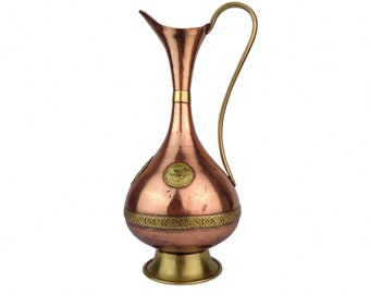 Antique Copper Pitcher, Vintage Copper Vase Pitcher, Handmade Copper Pitcher With Brass Ornate