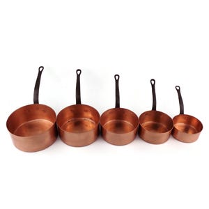 Vintage Copper Saucepan Set of 5 With Iron Handles, Copper Cooking Set, Copper Cookware Set