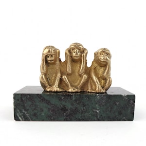 Vintage Brass Trio Wise Monkeys, Three Wise Monkeys With Stone Base, Hear No Evil, See No Evil, Say No Evil