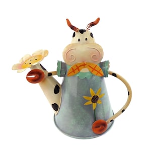 Vintage Metal Watering Can, Hand Painted Tin Water Can, Cow Shaped Watering Can