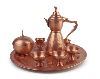 アンティーク装飾銅製コーヒーセット、銅製コーヒーポット、銅製トレイ