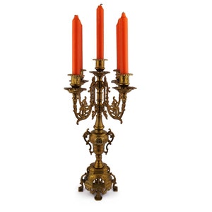Antique Brass Candle Holder 5 Candles, Large Brass Candlestick, 20th Century Brass Candelabra