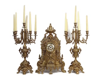 Antique Brass Mantel Clock With Candle Holders Set, Art Nouveau Mantel Clock Set, Mantel Clock With German Mechanism