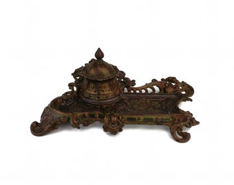 Antique Inkwell, Victorian Inkwell, Engraved Inkwell