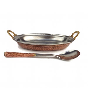 Vintage Copper Pan With Brass Handle, Hammered Copper Cooking Pan, Handmade Copper Cookware, Oval Copper Pan With Spoon Set
