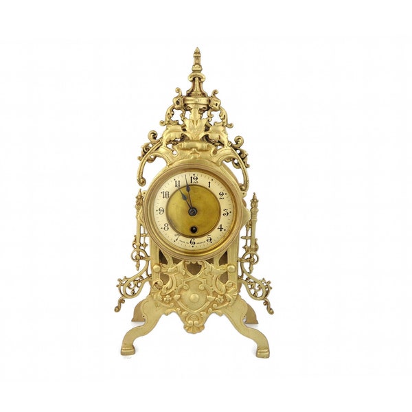 Antique Brass Mantel Clock, Art Nouveau Mantel Clock, Mantel Clock With French Mechanism