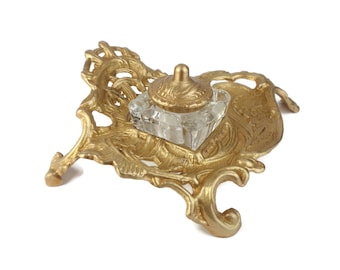Antique Inkwell, Brass Inkwell With Glass Container, 20th Century Inkwell