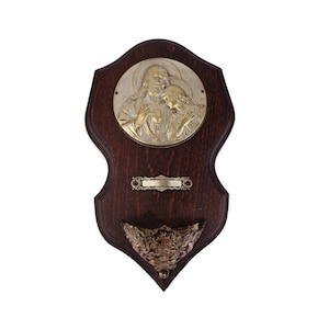 Antique Brass Holy Water Font, Wall Holy Water Font, Brass Holy Water Font With Wooden Base
