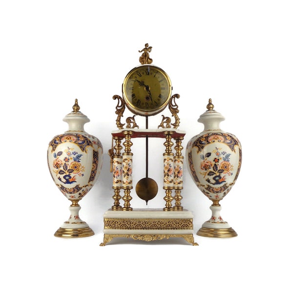 Antique Mantel Clock With Decorative Vases Set, Hand Painted Porcelain Mantel Clock Set, Italian Mantel Clock Alfa