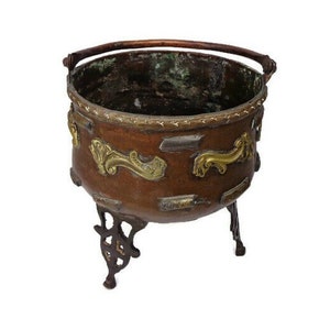 Antique Copper Planter With Brass Ornate, 19th Century Copper Jardiniere, 1800s Copper Planter