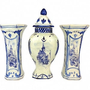 Delft Ceramic Urn With Vases Set, Delft Ginger Jar, Delft Ceramic Cabinet Urn