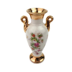 Antique Gold Ceramic Vase, Handpainted Ceramic Vase, Floral Ceramic Vase