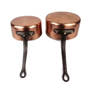 Vintage Copper Saucepans Set of 2 With Iron Handles, Copper Cooking Set, Copper Cookware Set