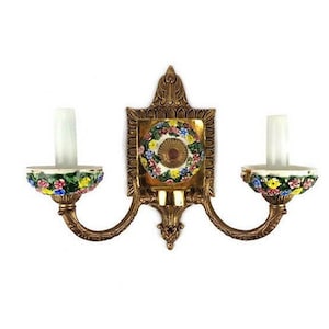 Antique Brass Sconce, Brass Sconce With Ceramic Decoration, Brass Wall Lamp