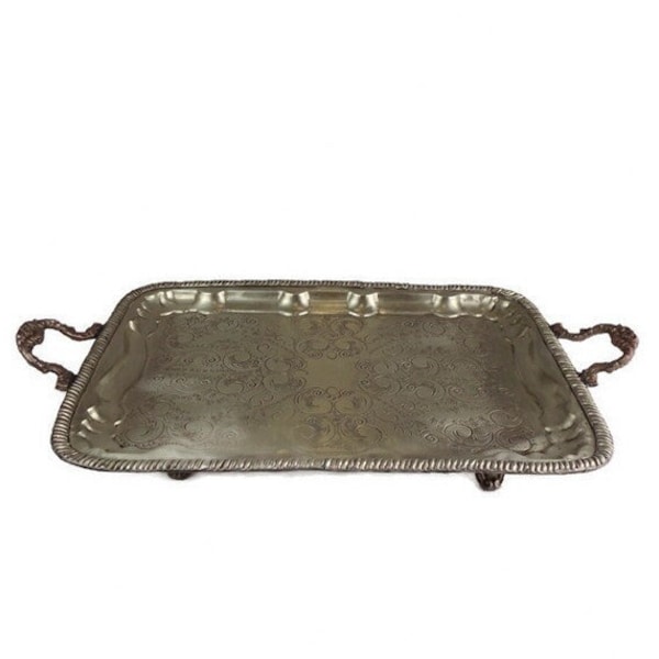 Antique Handmade Dining Tray, Hand Engraved Dining Tray, Moroccan Metal Tray with Handles and Legs