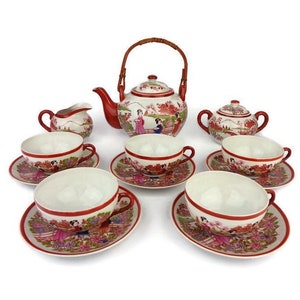 Vintage Chinese Ceramic Coffee Tea Set, Hand Painted Chinese Ceramic Coffee Tea Set