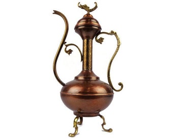 Antique Copper Arabic Pitcher, Large Islamic Copper Brass Pitcher, Islamic Copper Ewer With Brass Ornate