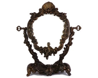 Art Nouveau Ornate Mirror, Embossed Cherub Table Mirror, Antique Standing Mirror with Angel