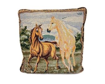 Almohada de tapiz antigua, almohada de tapiz con caballos, almohada decorativa