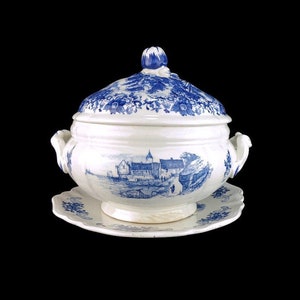 Vintage Ceramic Tureen With Plateau, French Ceramic Serving Tureen