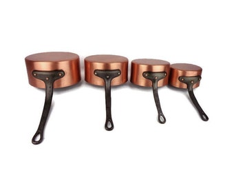 ヴィンテージ銅製ソースパン5個セット、鉄製ハンドル付き銅製