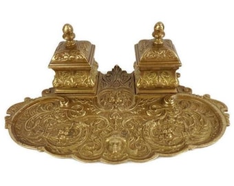 アンティーク真鍮インク壺、フランス製真鍮インク壺、真鍮ダブルインク