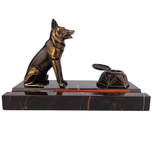 Antique Marble Inkwell With Dog Figurine