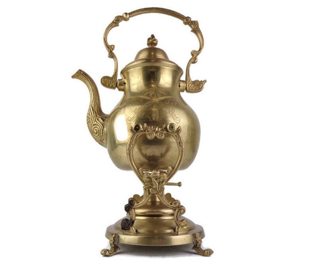 Antique Brass Teapot With Stand Brass Engraved Teapot With Etsy
