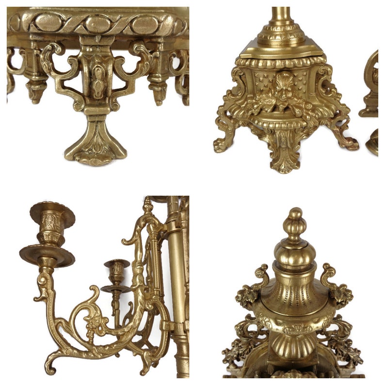 Antique Brass Mantel Clock With Candle Holders Set Art Etsy