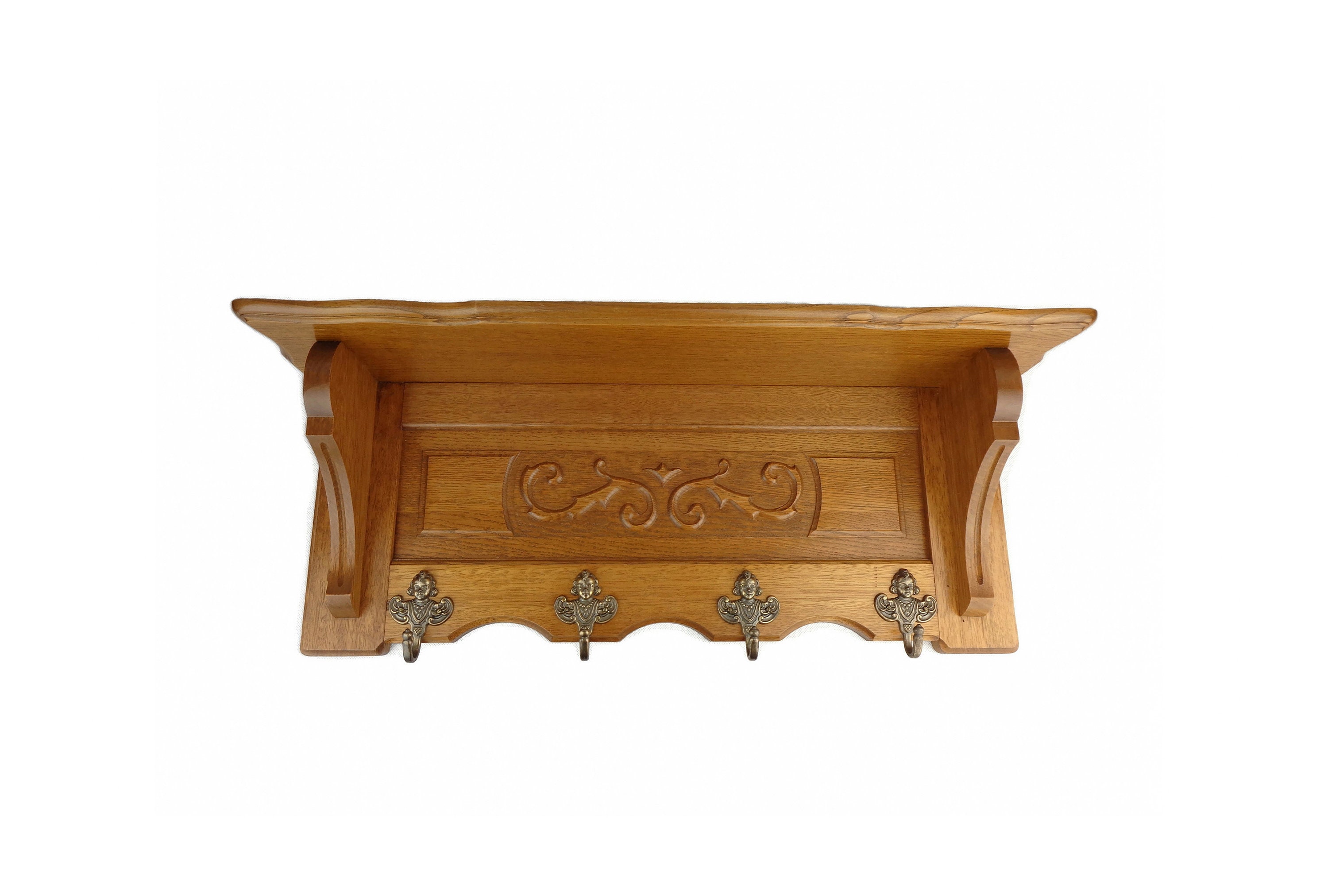 木製ラック・ウッドラック Wooden Brass Hanger Rack part 1 Wooden Wall Coat Rack, Vintage Carved Coat Hanger With Brass Hooks