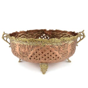 Antique Copper Brass Planter, Vintage Copper Jardiniere With Brass Decoration