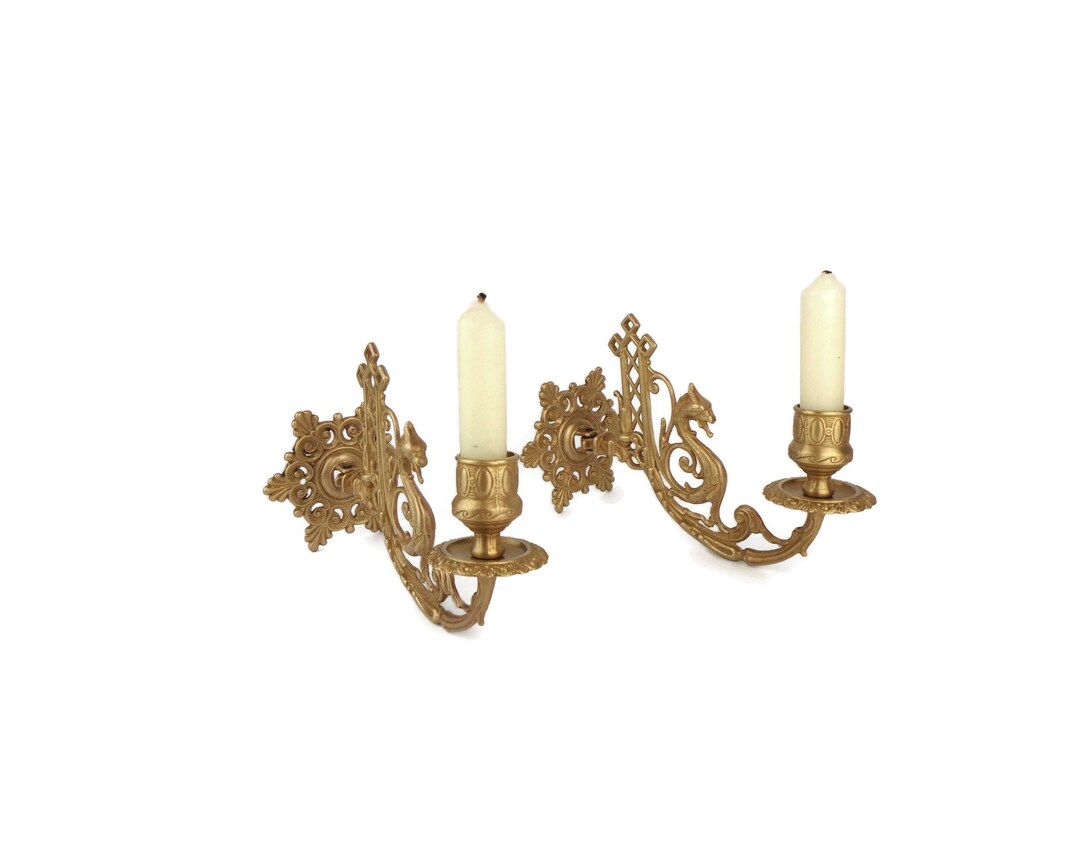Antique Wall Candle Holder Set, Brass Wall Candle Holder With Dragons