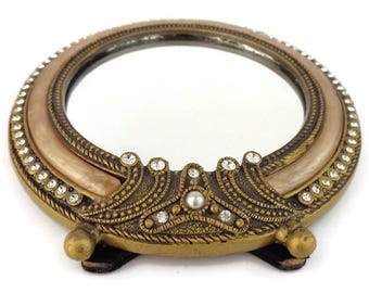 Espejo de mesa antiguo con decoración de circonio y nácar