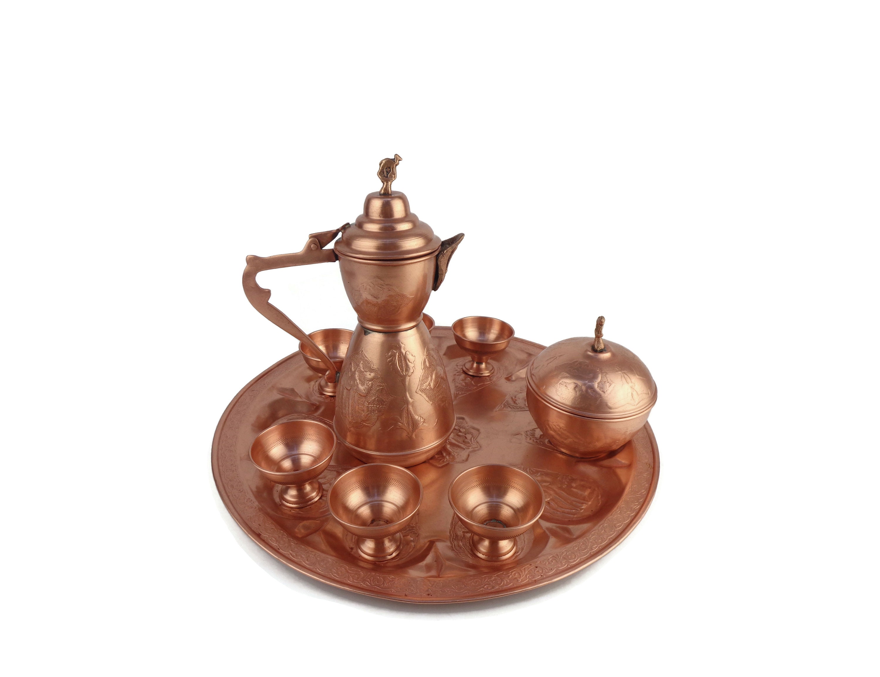 アンティーク装飾銅製コーヒーセット、銅製コーヒーポット、銅製トレイ