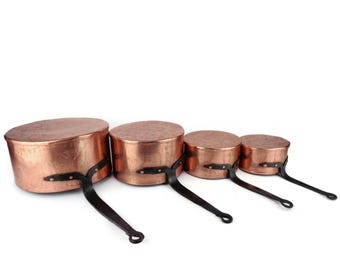 ヴィンテージ銅製ソースパン5個セット、鉄製ハンドル付き銅製